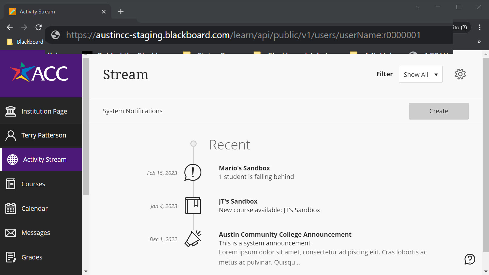 A screenshot of a chrome browser logged into Blackboard Learn. The address bar is magnified to show the REST API call that has been pasted into the address bar.