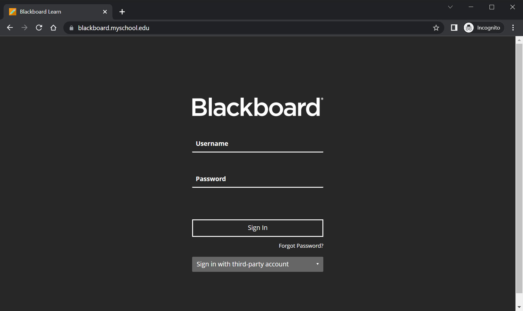 A screenshot of a blank Blackboard default login page with white text on a black background