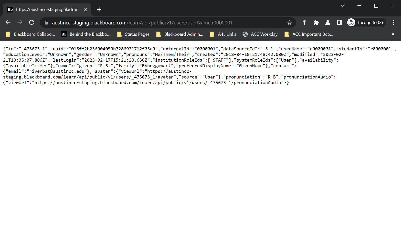 A screenshot of a chrome browser displaying the JSON result of a Blackboard REST API call. Black text on a while background.